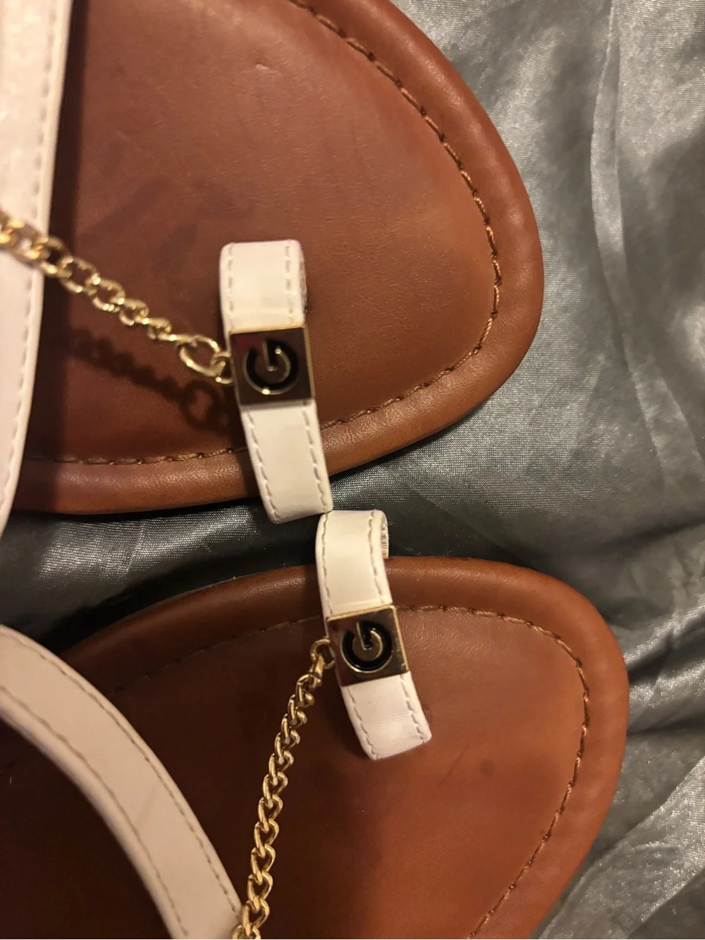 G by Guess Cream Leather Chain-Accent Sandals